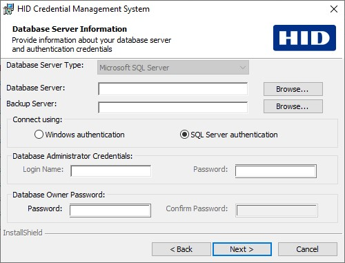 HID Credential Management System Database Server Information dialog box where the Database Server Type is disabled (and set to Microsoft SQL Server) and where the Connect using: option is set to SQL Server authentication